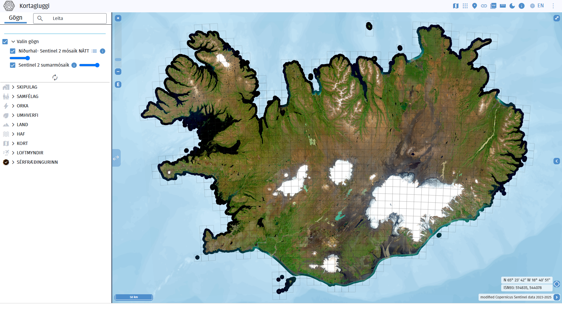 Ný skýjalaus Sentinel 2 mósaíkmynd af Íslandi